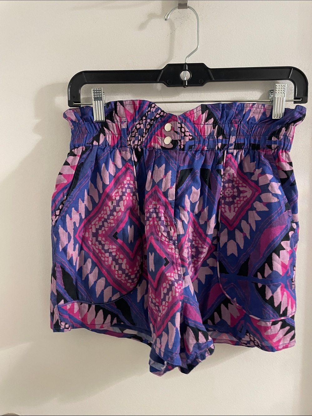 NWOT BA&SH XS Goonies Blue Multi Printed Cotton Paperbag Belted pockets Shorts